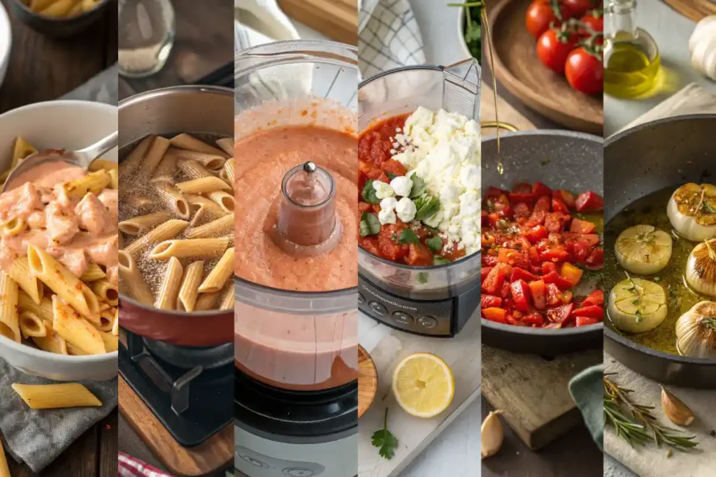 Step-by-step process of making cottage cheese protein pasta sauce including sautéing garlic, adding tomatoes, blending with cottage cheese, cooking pasta, and tossing it all together.