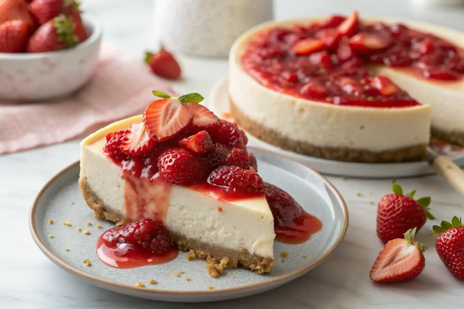 Cottage cheese strawberry cheesecake topped with fresh strawberries and sauce.