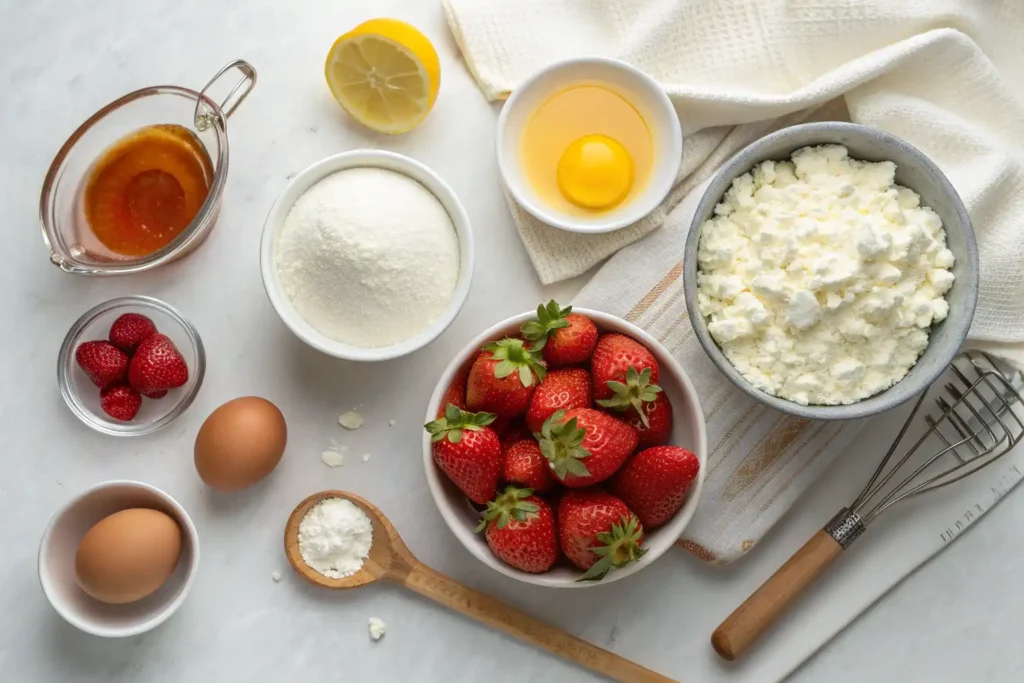 Ingredients for cottage cheese strawberry cheesecake including cottage cheese, eggs, honey, and fresh strawberries.