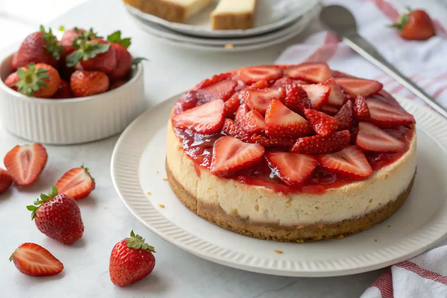 Cottage cheese strawberry cheesecake topped with fresh strawberries and sauce.