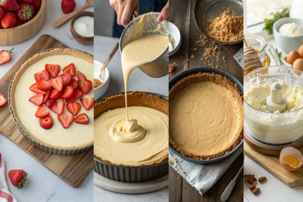 Step-by-step process of making cottage cheese strawberry cheesecake from blending to baking.