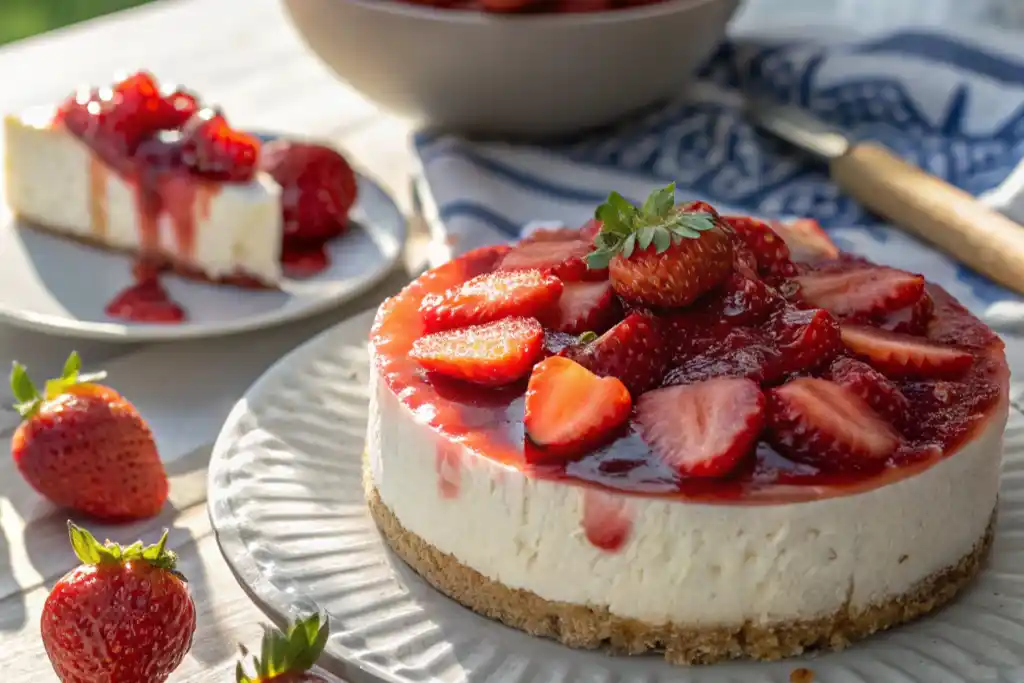 Cottage cheese strawberry cheesecake topped with fresh strawberries.