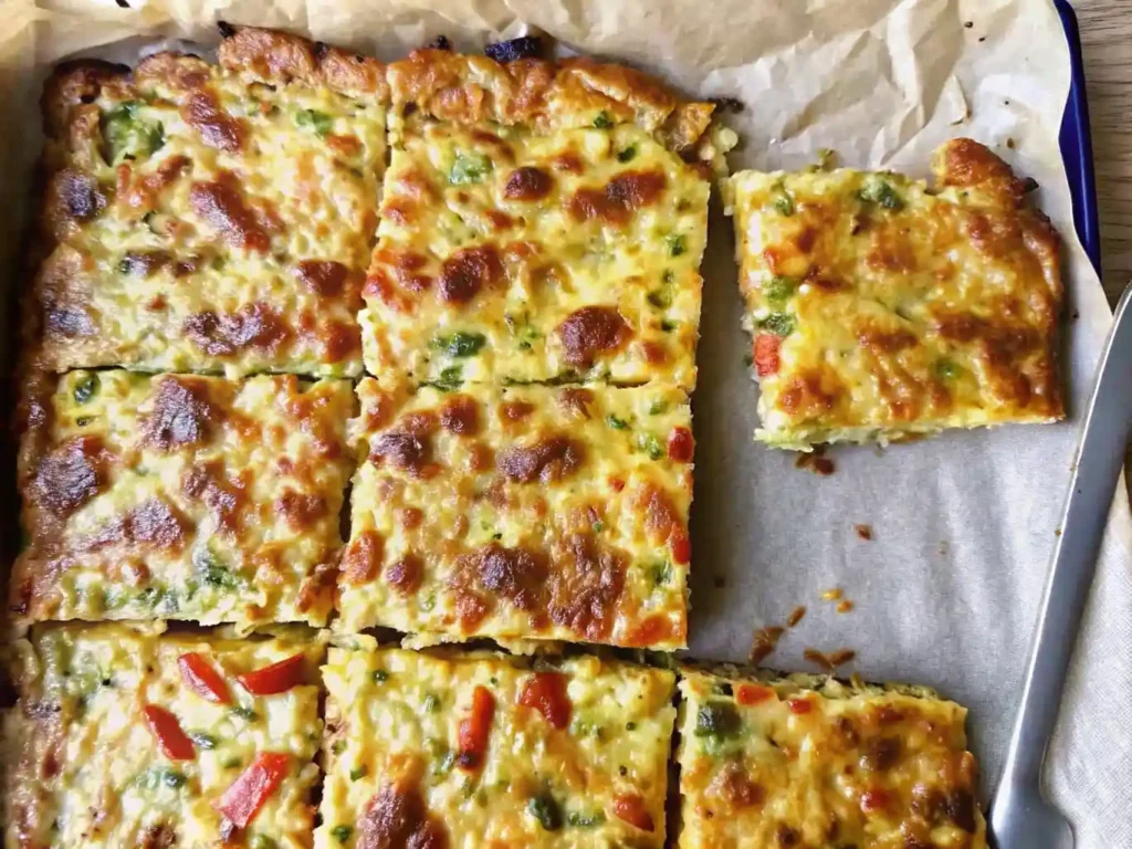 Cottage cheese veggie breakfast bars sliced into squares.