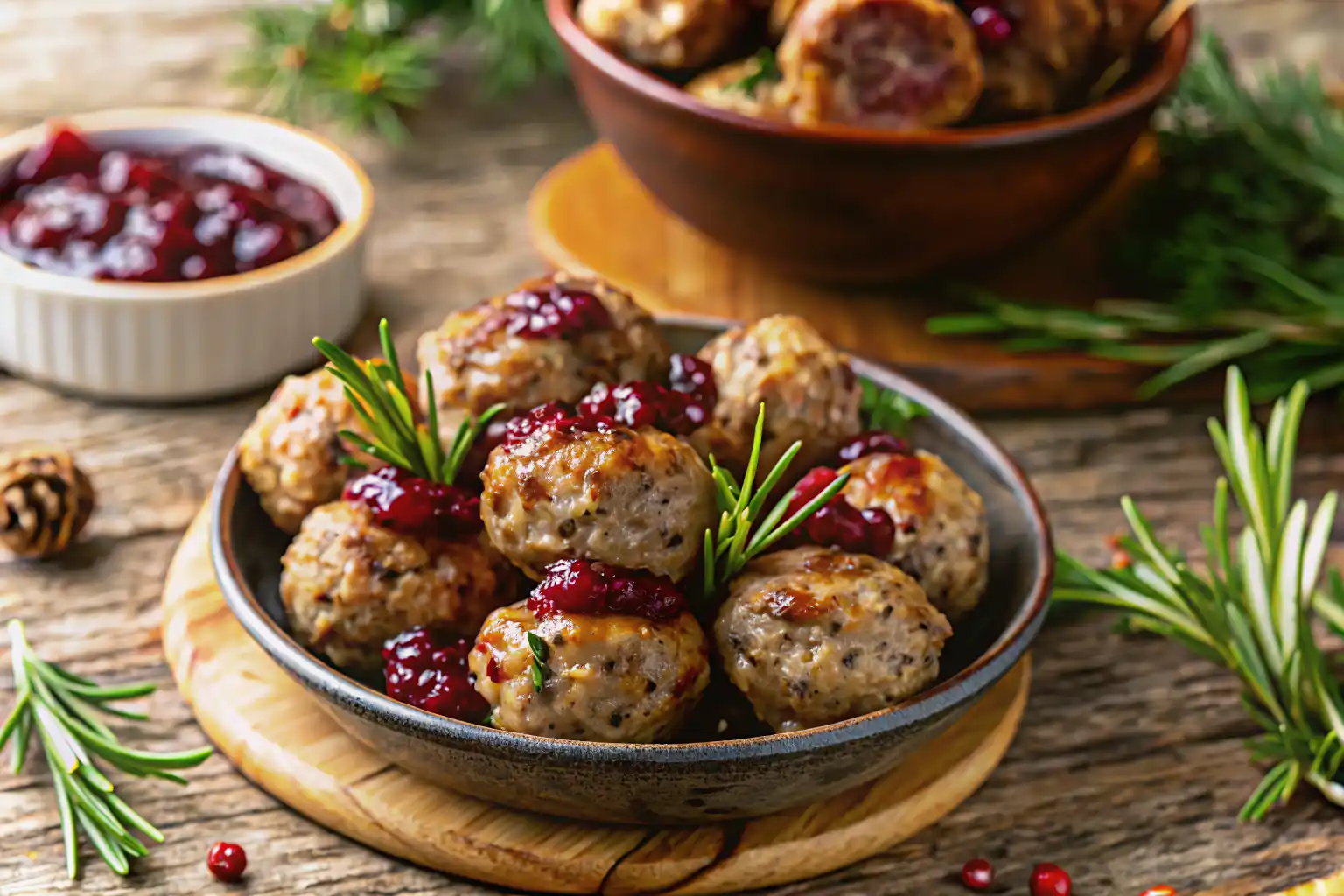 Cranberry stuffed turkey balls with cranberry orange sauce on a festive platter.