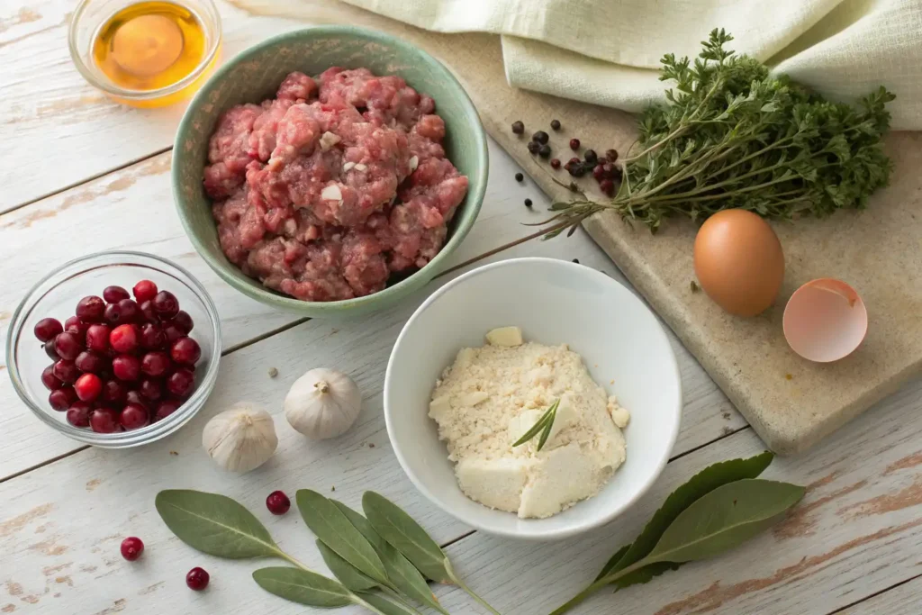 Ingredients for cranberry stuffed turkey balls including ground turkey with sage, cottage cheese, breadcrumbs, cranberries, and herbs.