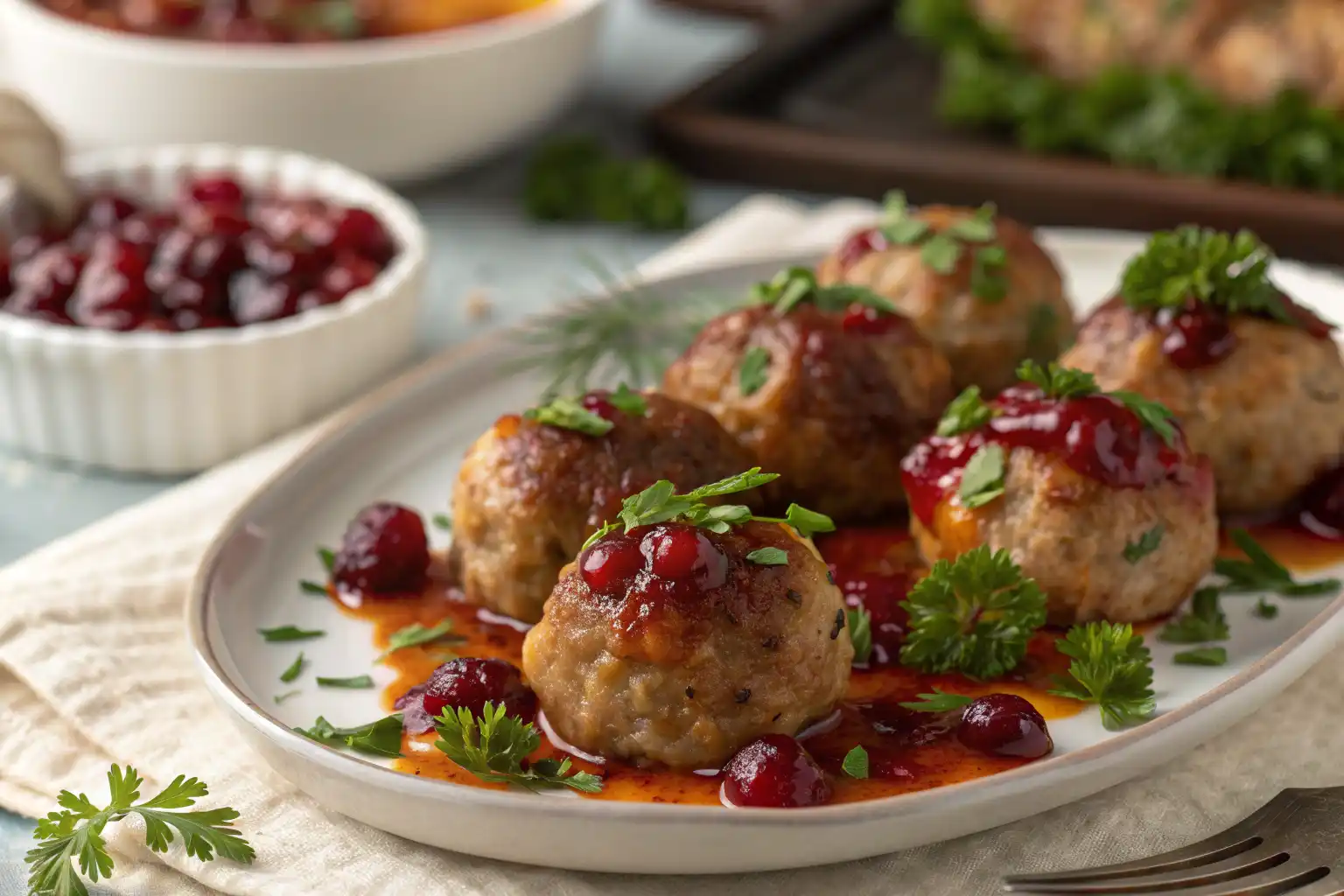 Step-by-step making cranberry stuffed turkey balls by rolling ground turkey with cranberries inside.