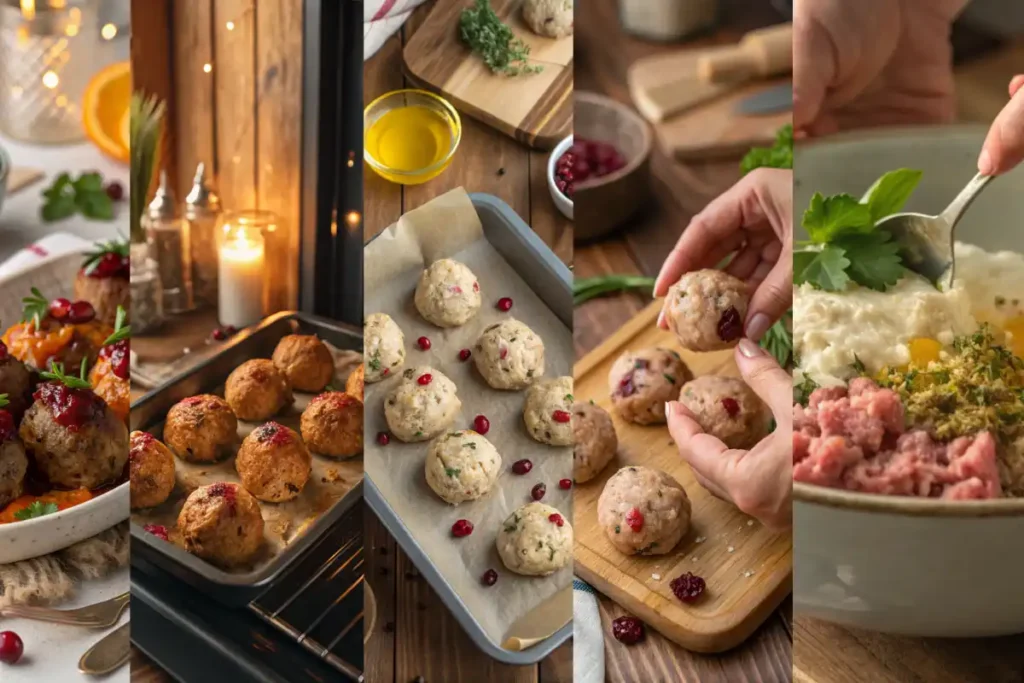 Collage showing how to make cranberry stuffed turkey balls with mixing, stuffing, baking, and serving steps.