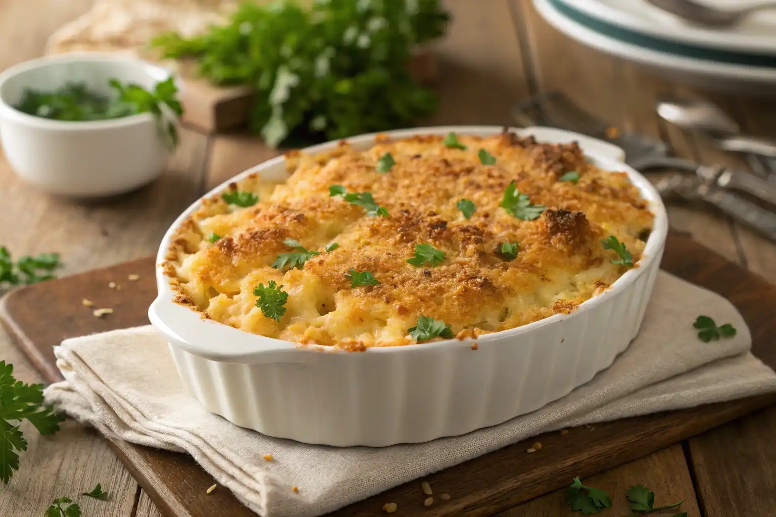 Cheese sauce with cottage cheese poured over macaroni for baked mac and cheese casserole.