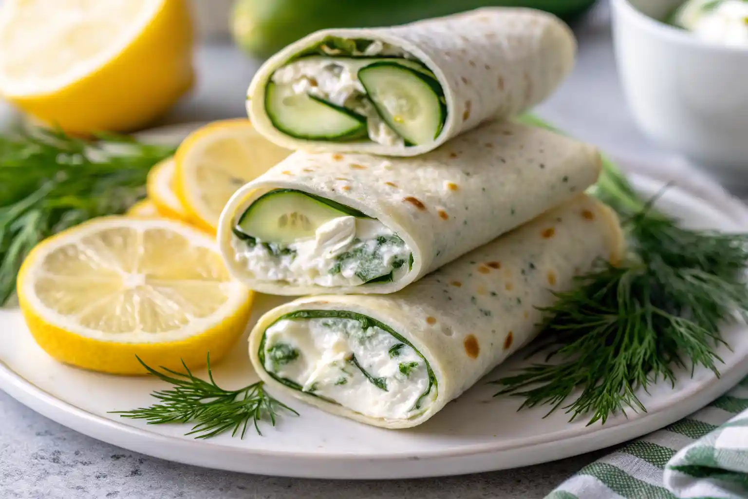 Close-up of cucumber cottage cheese wrap with fresh vegetables and dill.