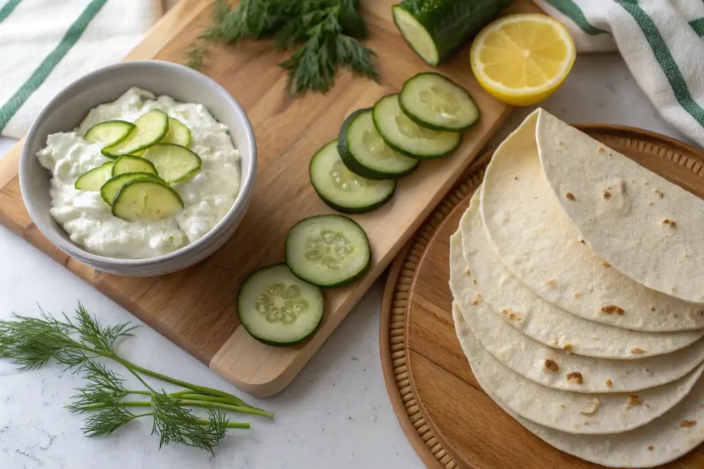 Fresh vegetables, cottage cheese, and tortilla wrap ingredients on a kitchen counter.