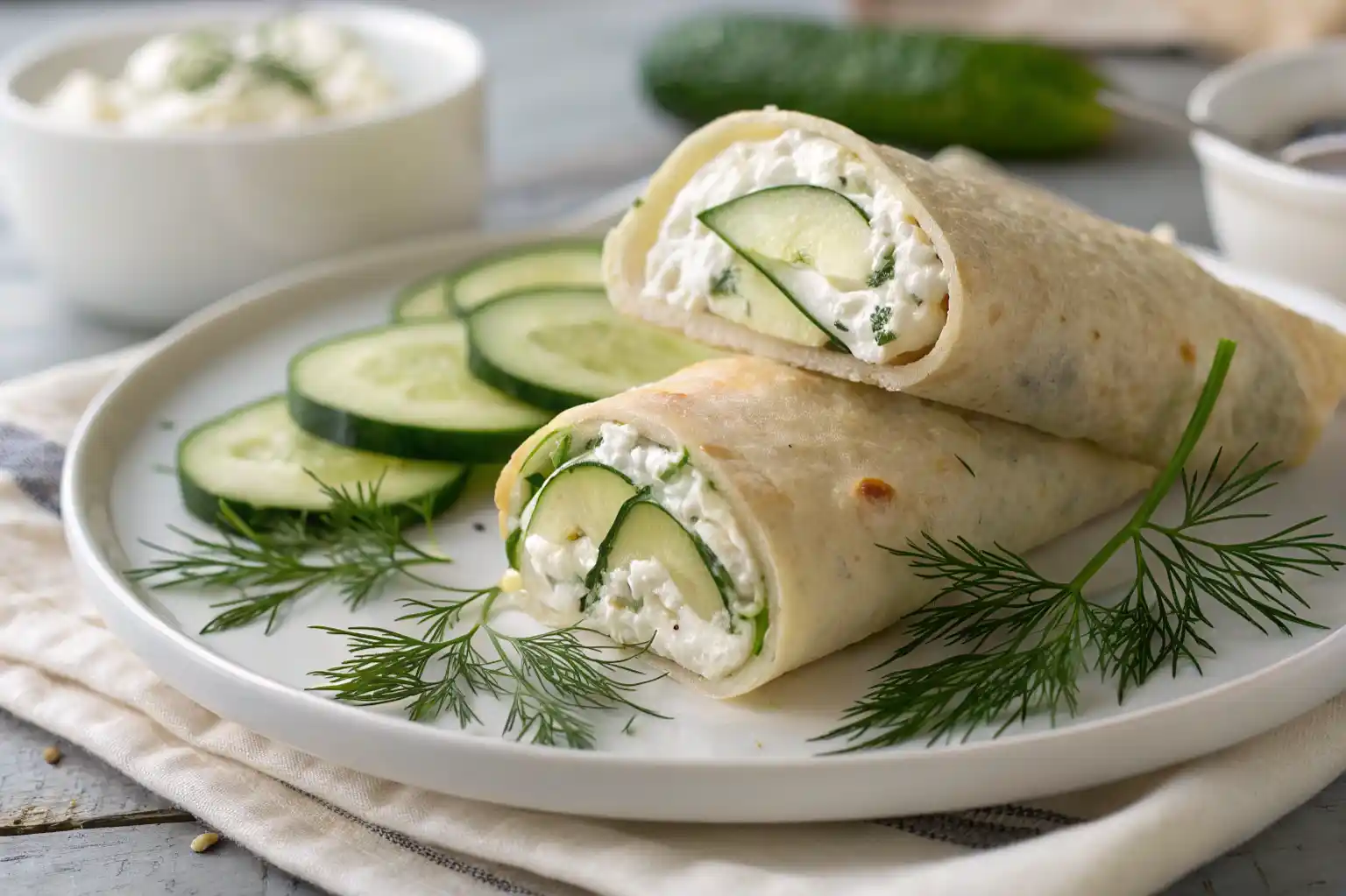 Spreading cottage cheese on a tortilla wrap with sliced cucumbers on the side.