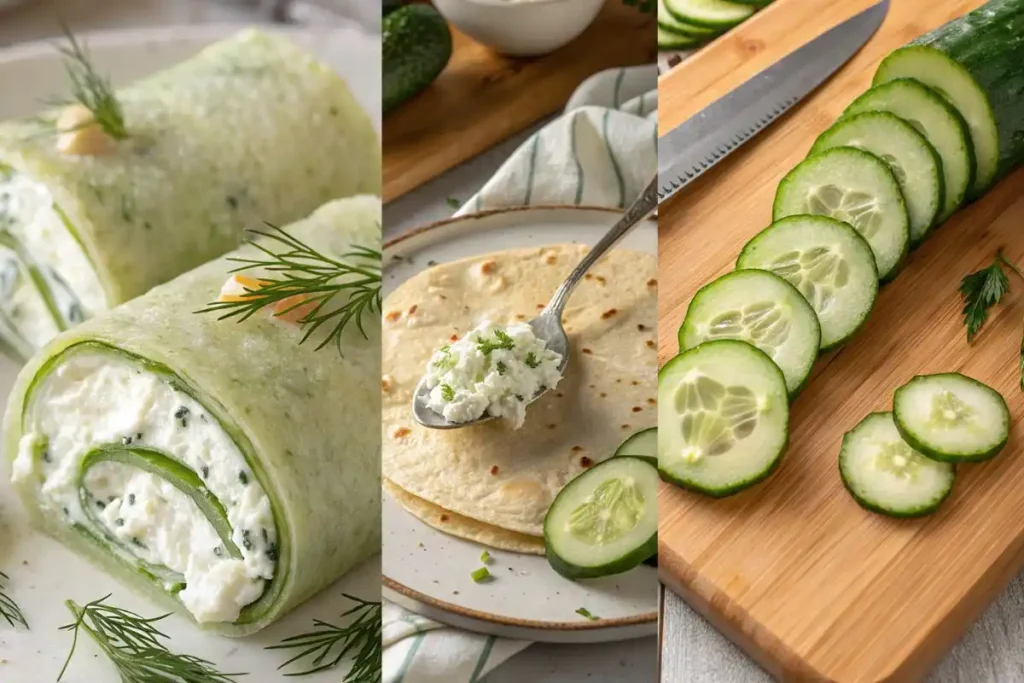 Step by step guide showing how to make a cucumber cottage cheese wrap with tortillas, cottage cheese, and cucumbers.