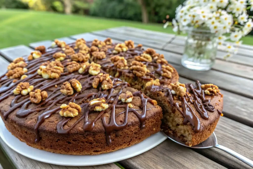 Date and walnut cake gluten free topped with walnuts and chocolate drizzle