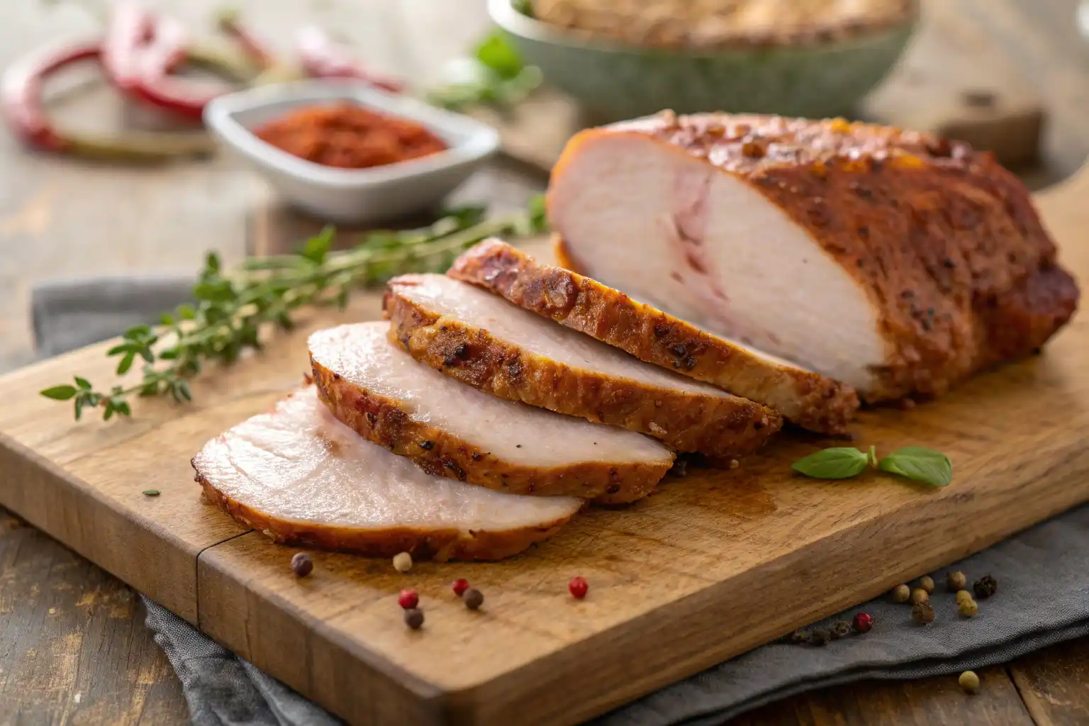 Close-up of oven roasted turkey breast deli meat sliced thin.