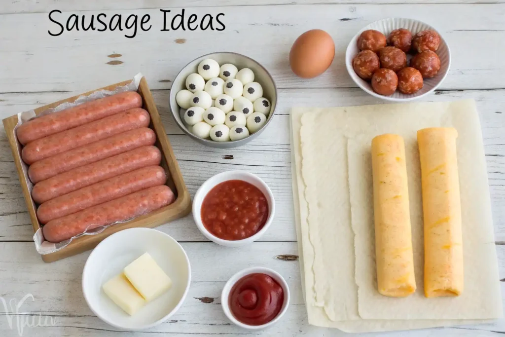 Halloween Sausage Ideas with spooky mummy sausage rolls wrapped in puff pastry