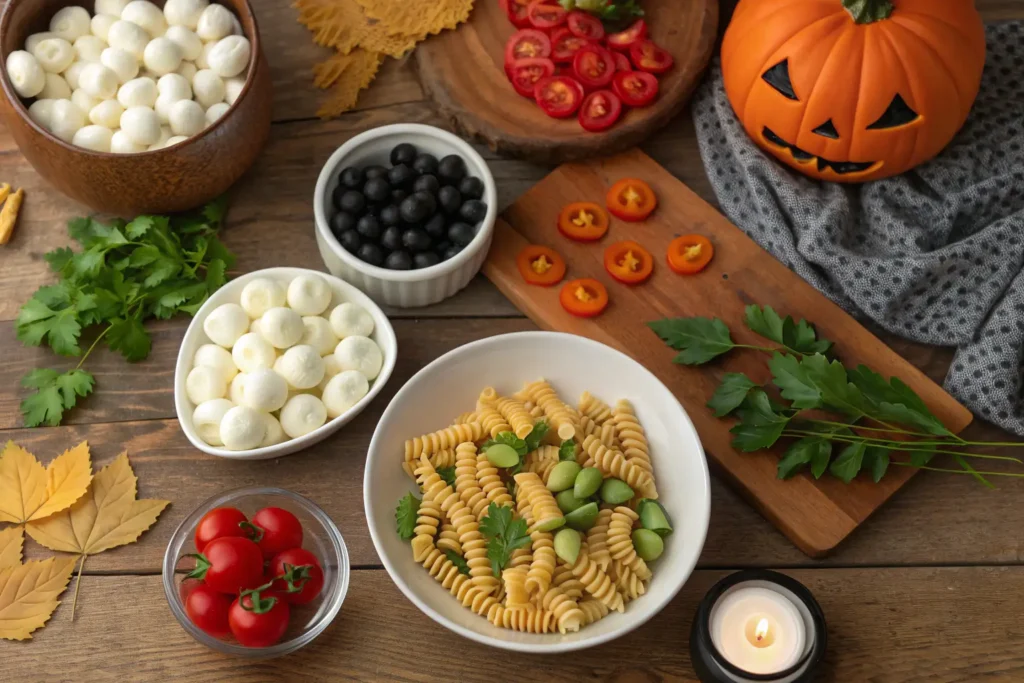 Ingredients for Halloween eyeball pasta salad including pasta, mozzarella, olives, and cottage cheese.