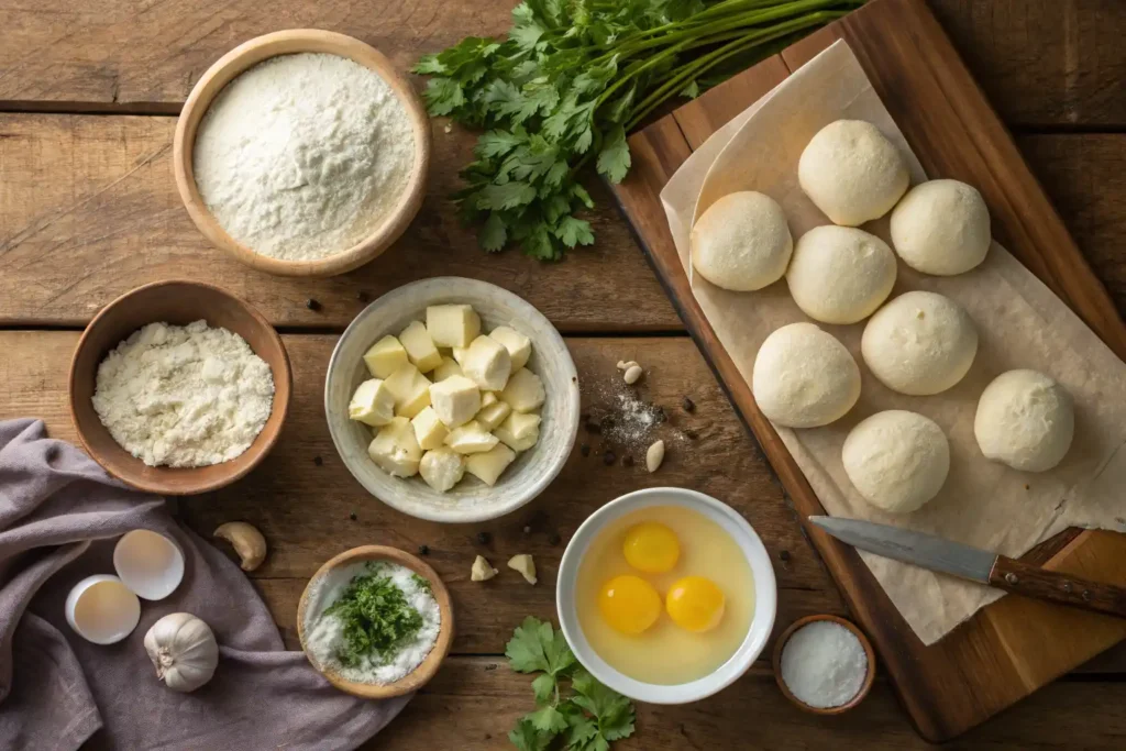 Ingredients for garlic butter bread rolls including flour, yeast, butter, garlic, parsley, eggs, and cottage cheese.