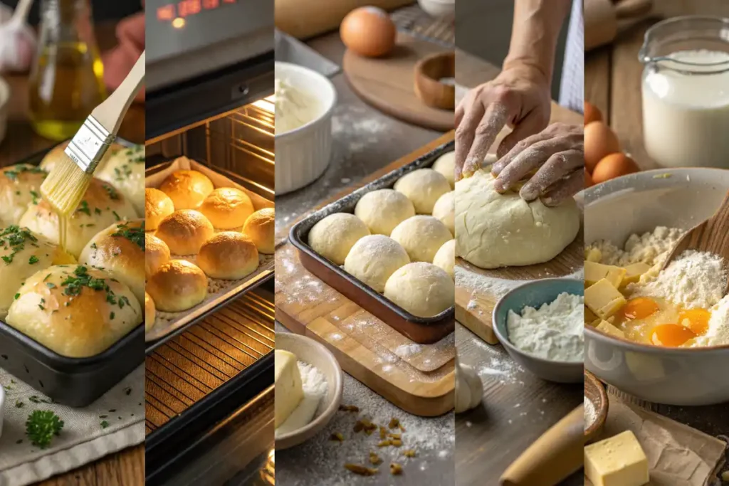 Step-by-step collage of garlic butter bread rolls from mixing dough to baking and brushing with garlic butter.