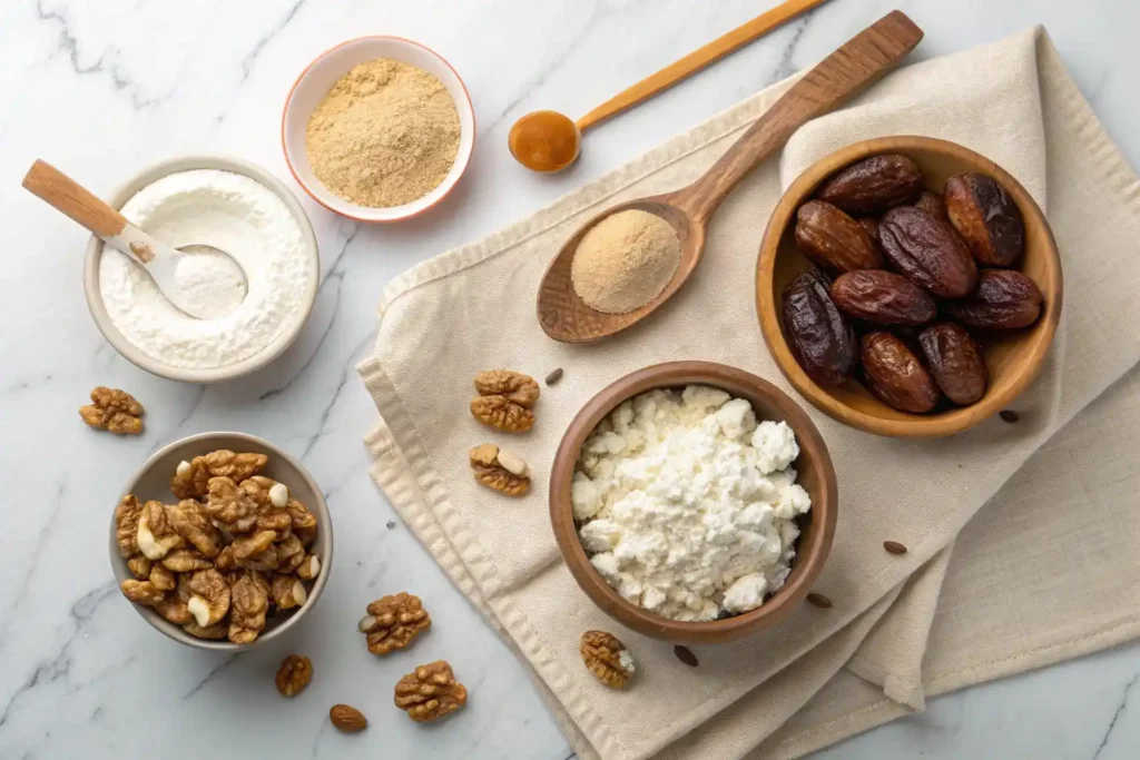 Ingredients for healthy date and walnut cake gluten free with cottage cheese