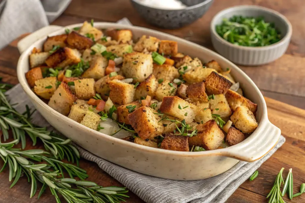 Homemade Thanksgiving stuffing with golden bread cubes, herbs, and vegetables in a serving bowl.
