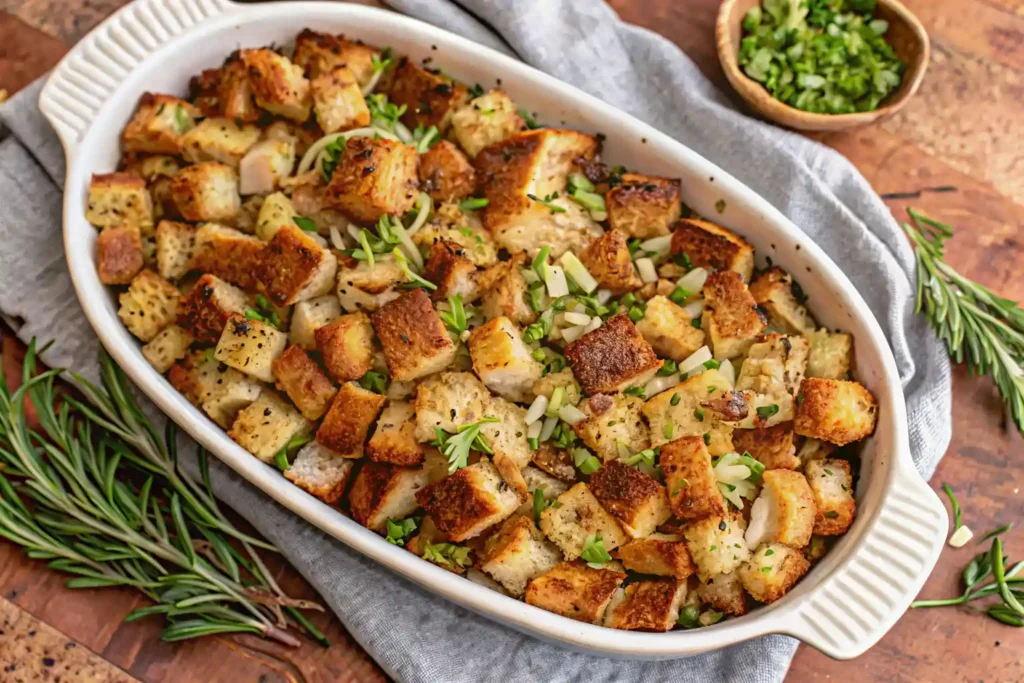 Grandma’s stuffing Thanksgiving baked golden with herbs and cottage cheese