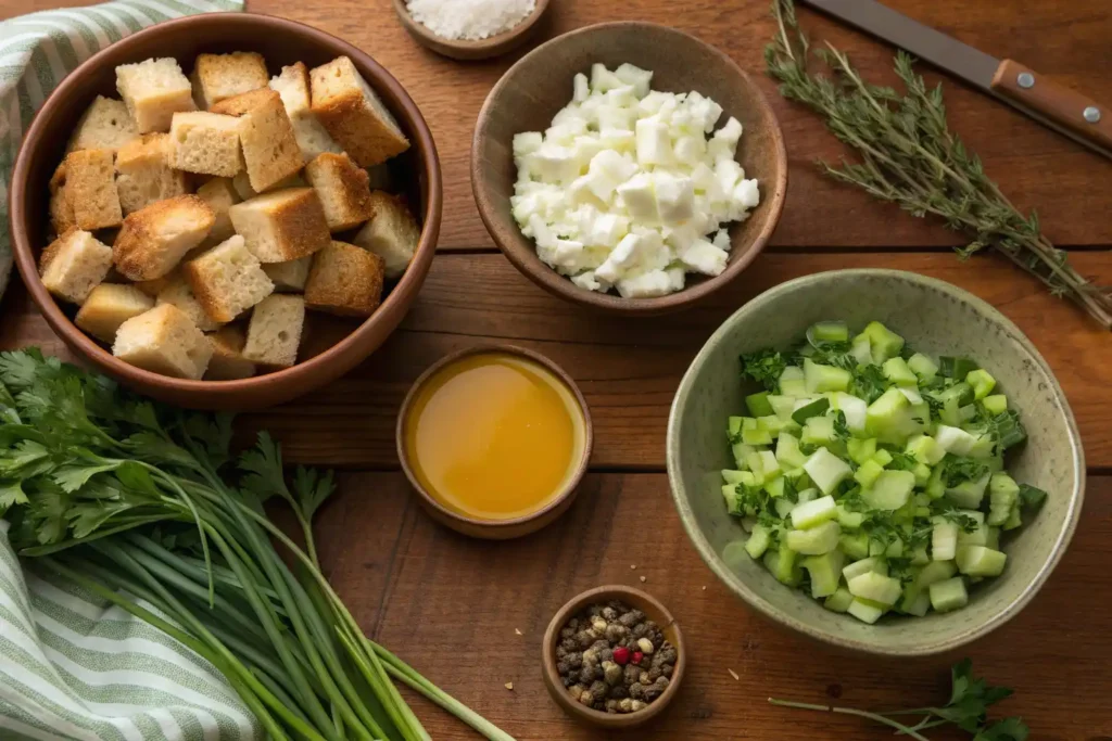 Ingredients for grandma’s traditional stuffing recipe with bread, herbs, vegetables, and cottage cheese