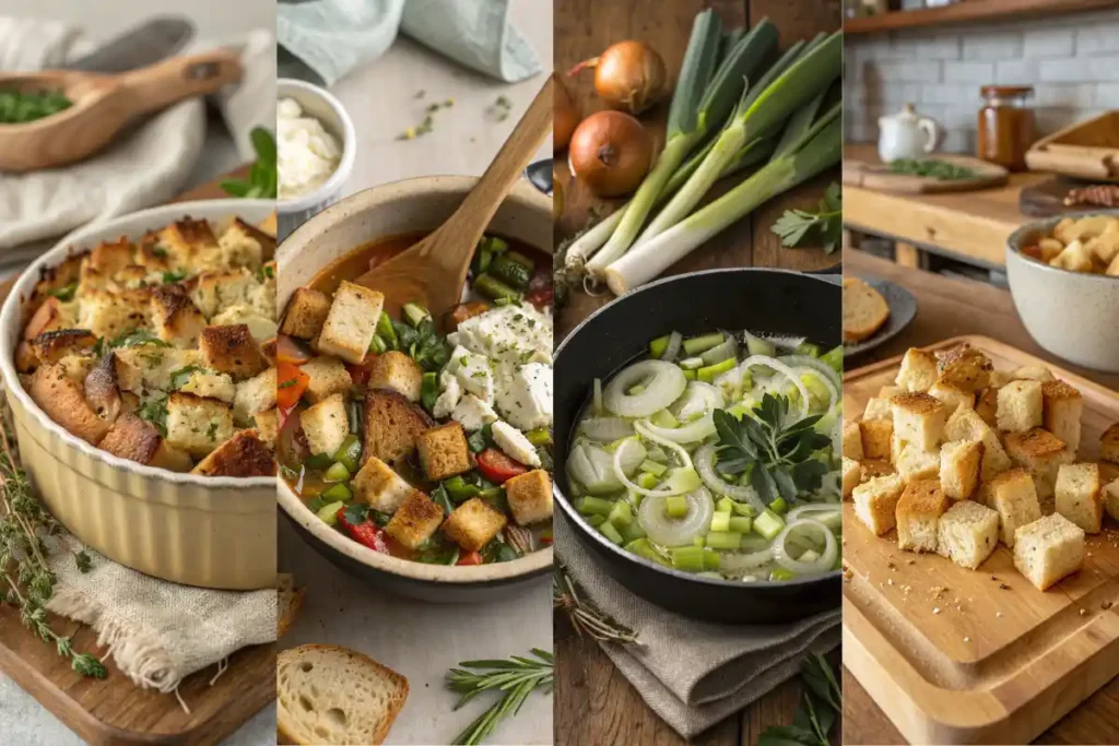 Step-by-step guide to grandma’s stuffing Thanksgiving with bread cubes, sautéed vegetables, cottage cheese, and baking