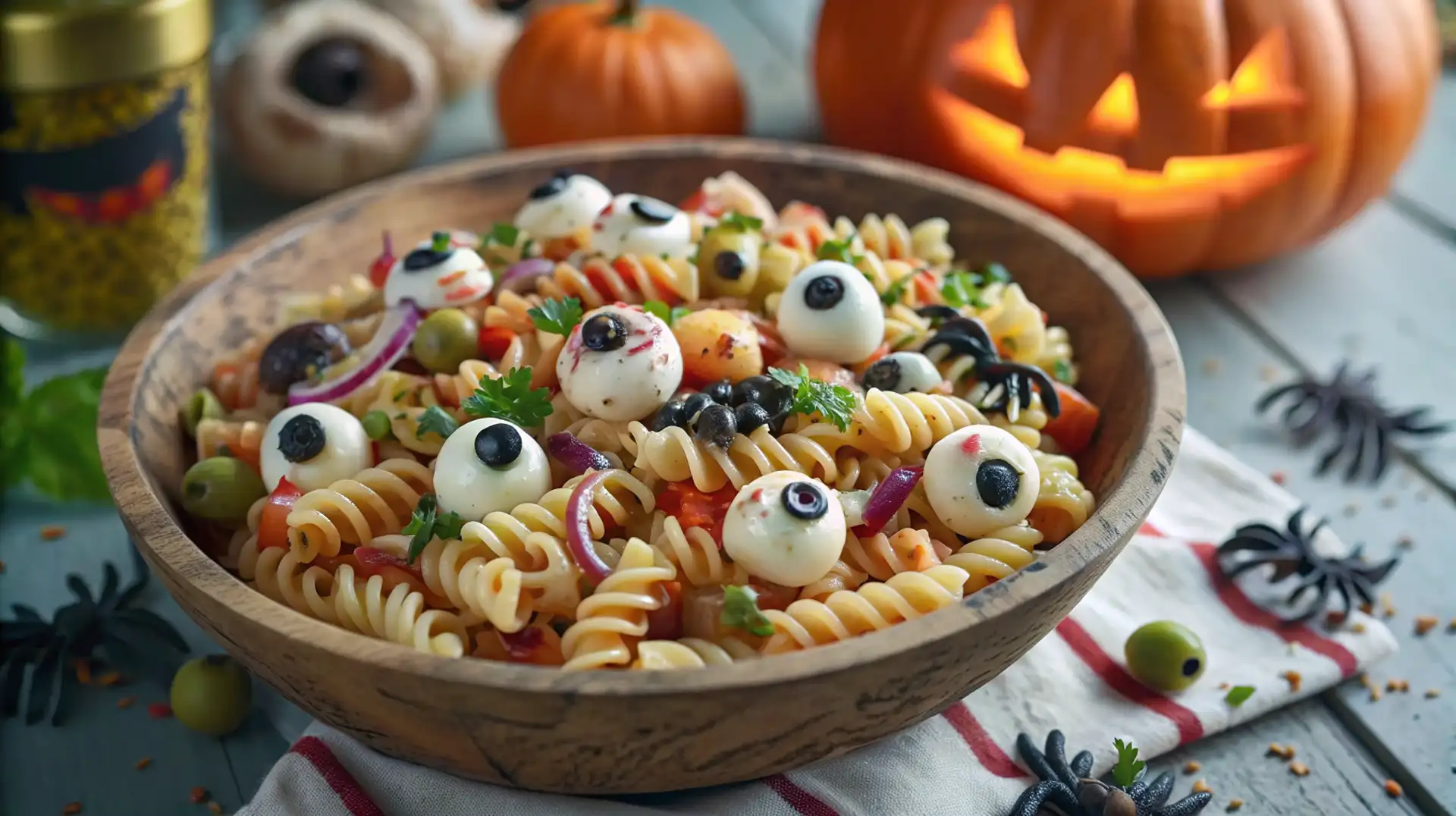 Halloween eyeball pasta salad with mozzarella eyeballs, rotini pasta, vegetables, and cottage cheese dressing in a rustic bowl.