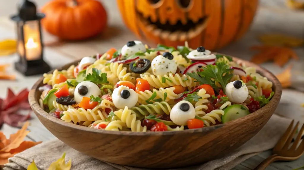 Halloween eyeball pasta salad with mozzarella eyeballs, pasta, and vegetables in a festive bowl.