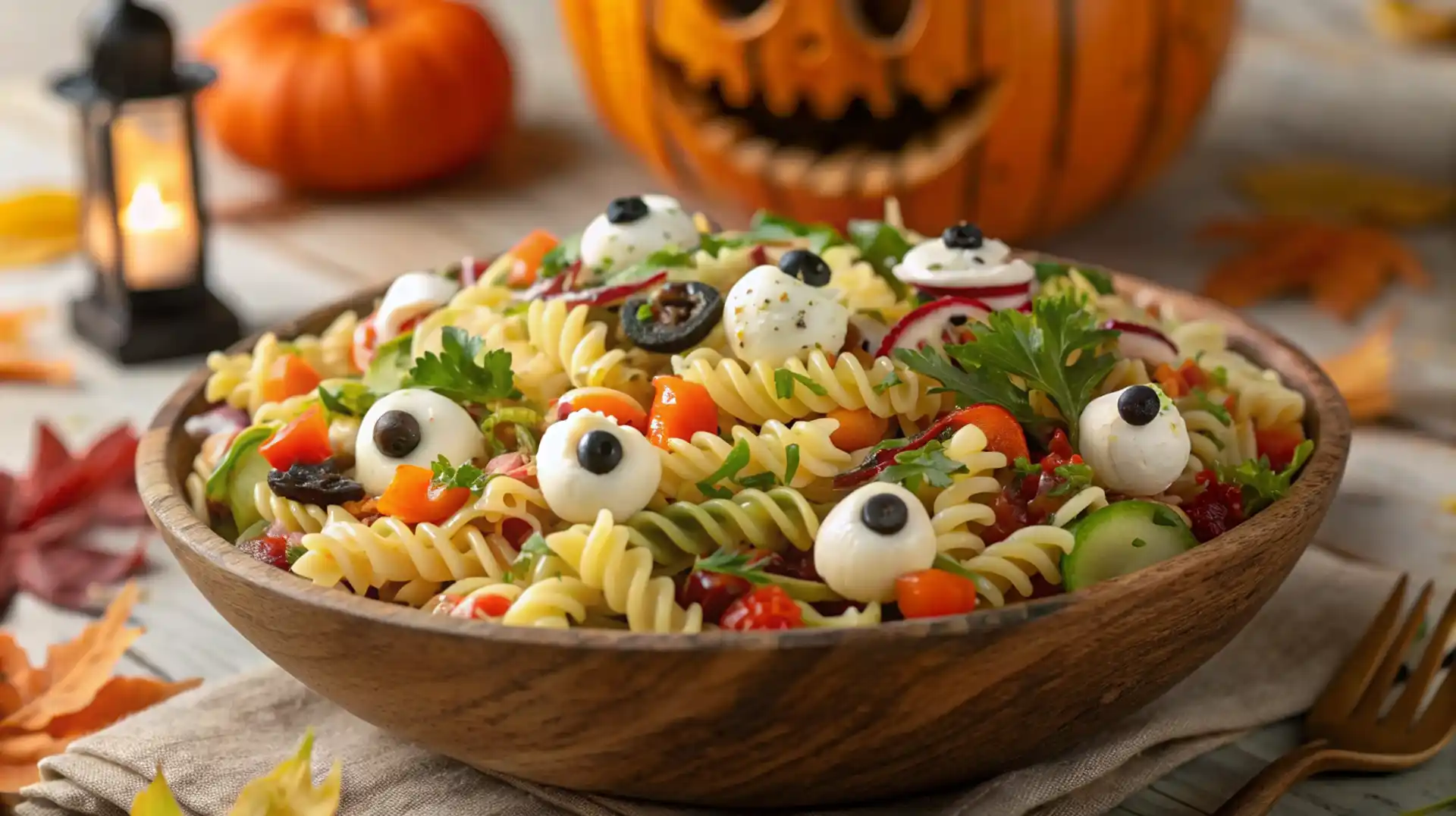 Halloween eyeball pasta salad with mozzarella eyeballs, pasta, and vegetables in a festive bowl.