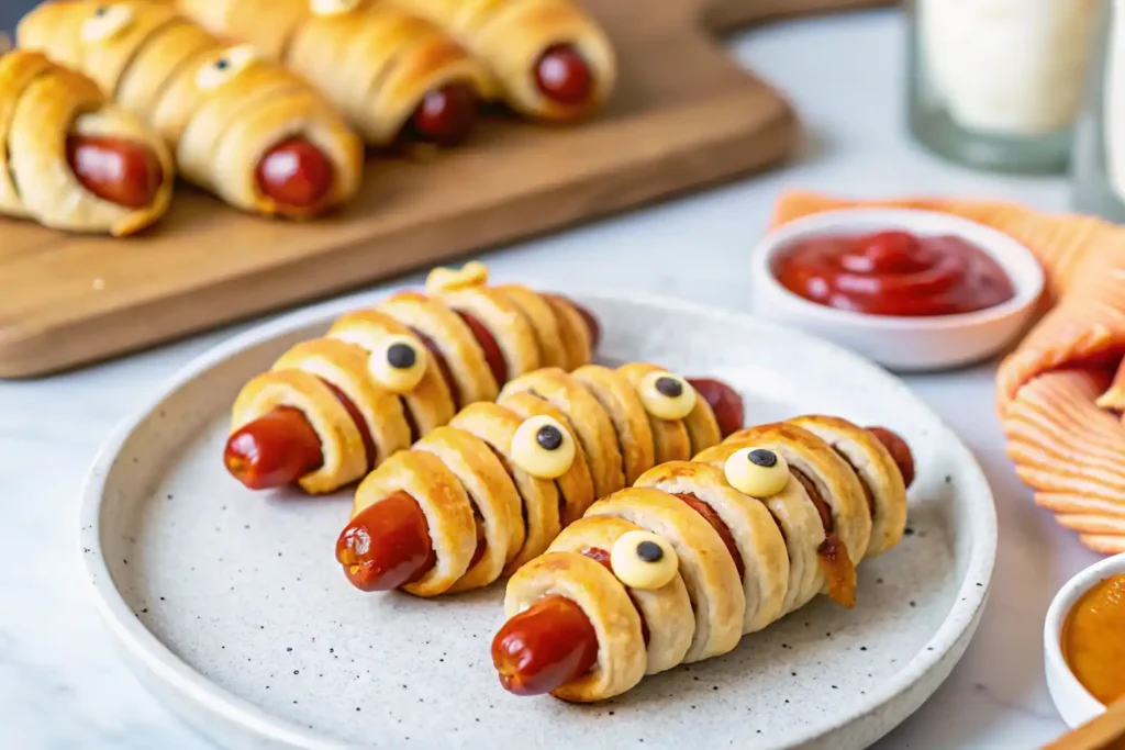 Halloween Sausage Ideas with spooky mummy sausage rolls wrapped in puff pastry