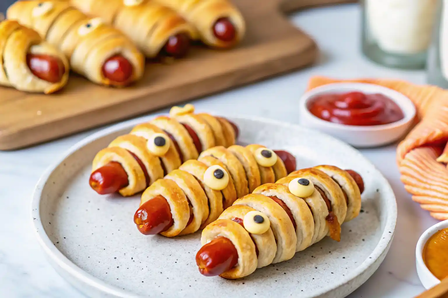 Halloween Sausage Ideas with spooky mummy sausage rolls wrapped in puff pastry