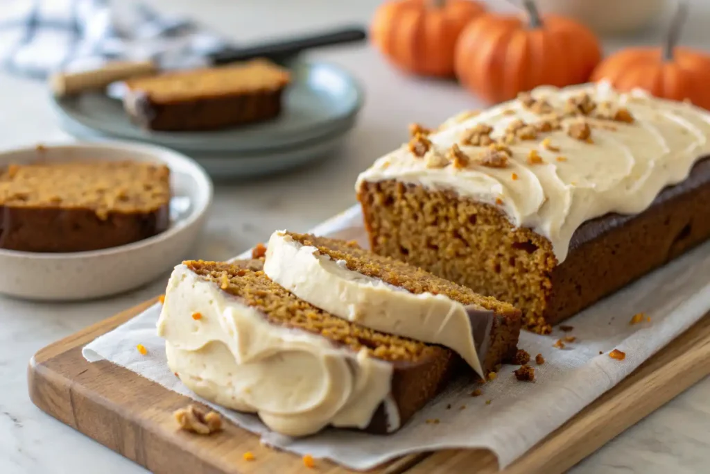 Healthy no sugar pumpkin banana bread recipe with cream cheese frosting