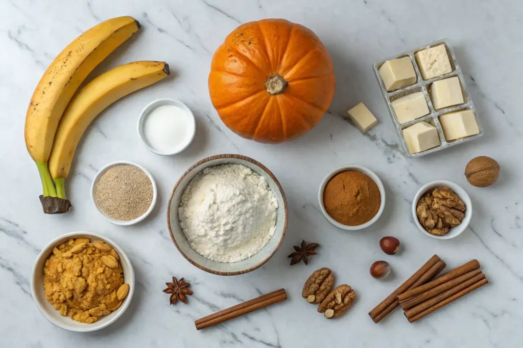 Ingredients for healthy pumpkin banana bread with cottage cheese