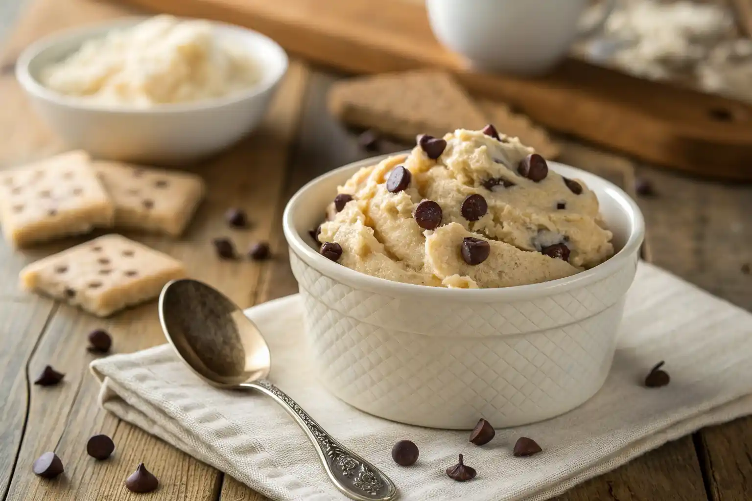 High protein cottage cheese cookie dough with chocolate chips served in a bowl