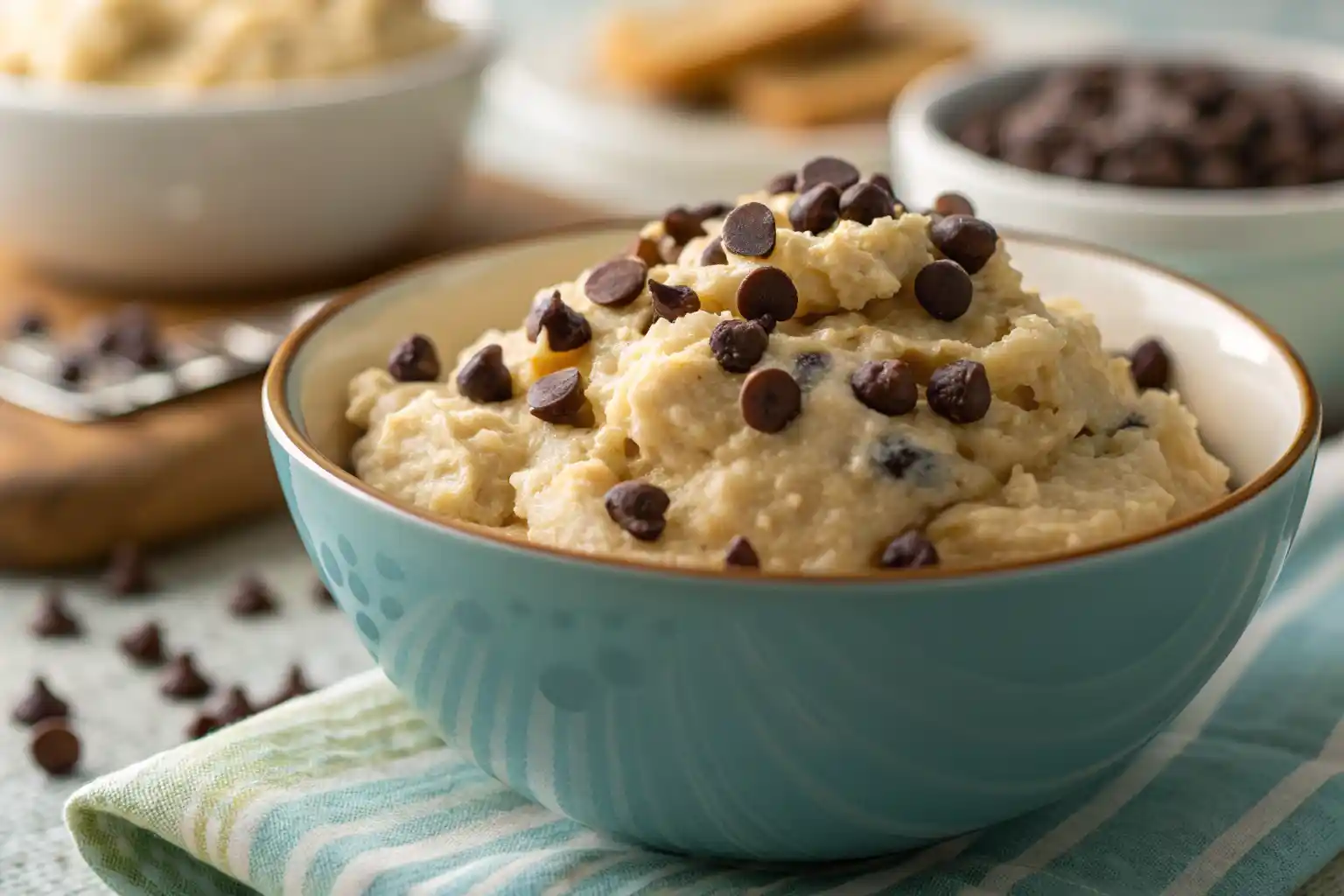 Bowl of high protein cottage cheese cookie dough with chocolate chips