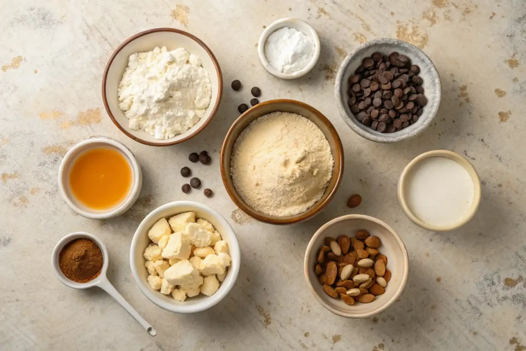 Ingredients for high protein cottage cheese cookie dough on a rustic kitchen table

