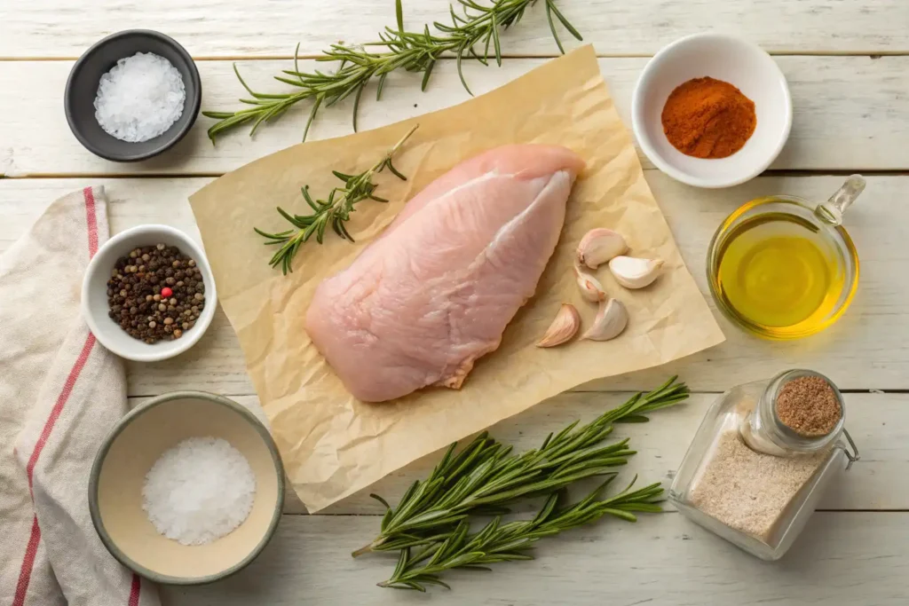 Ingredients for oven roasted turkey breast deli meat on a table.