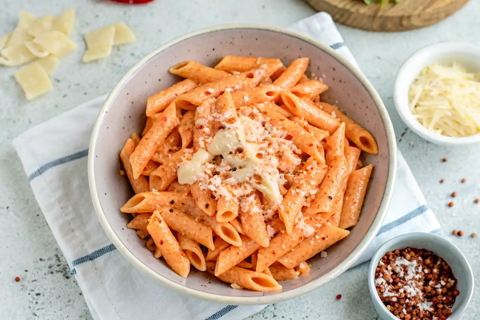Bowl of penne pasta coated in creamy cottage cheese protein pasta sauce with Parmesan and chili flakes.
