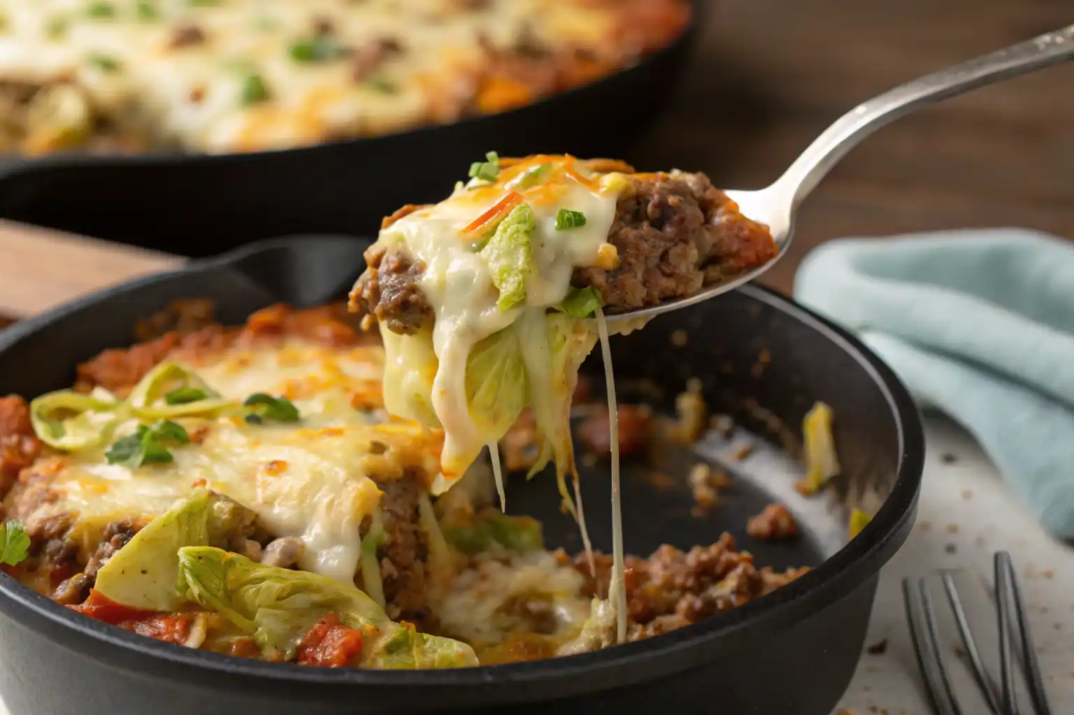 One-pan cheesy beef & cabbage skillet casserole served with cottage cheese topping.