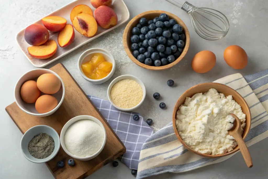 Ingredients for peach and blueberry loaf including cottage cheese, fresh or frozen fruit, flour, and sugar.
