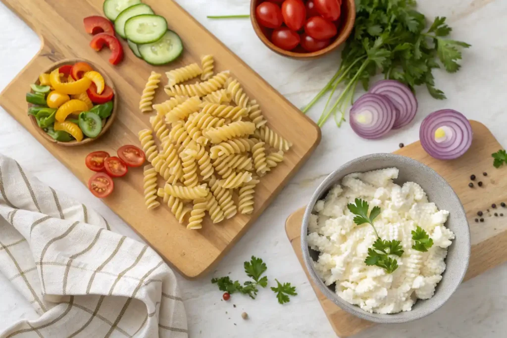 Ingredients for making pasta salad with cottage cheese including pasta, tomatoes, cucumbers, peppers, and herbs.