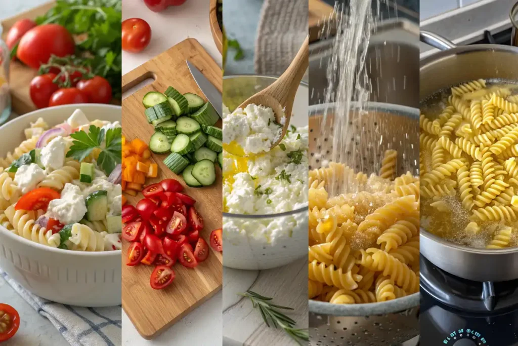 Step-by-step process for making pasta salad with cottage cheese from cooking pasta to mixing dressing and vegetables.