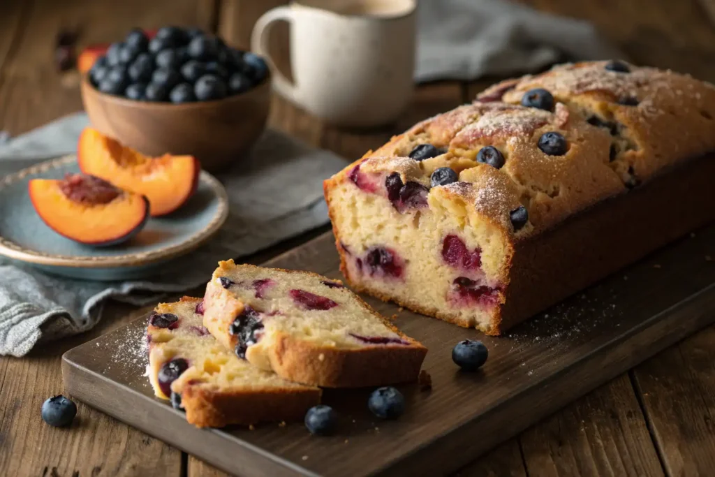 Close-up of peach and blueberry loaf with cottage cheese showing moist crumb and juicy fruit.