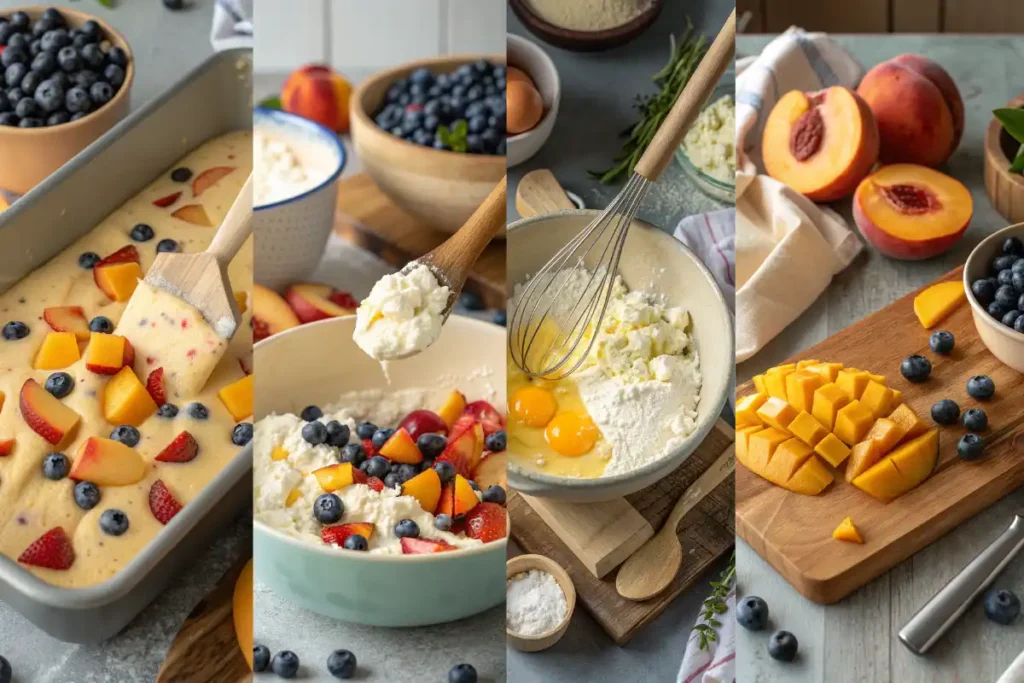 Step by step collage showing how to make peach and blueberry loaf with cottage cheese.