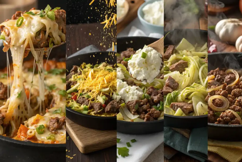 Step-by-step process for making cheesy beef & cabbage skillet casserole with cottage cheese.