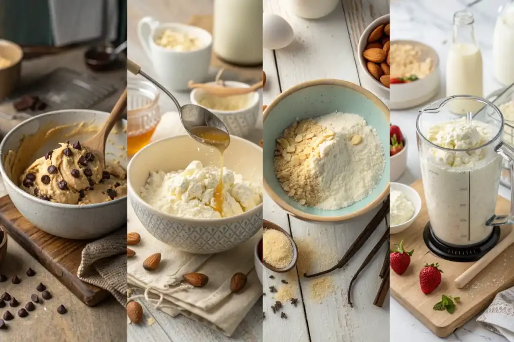 Blending cottage cheese in a blender until smooth
