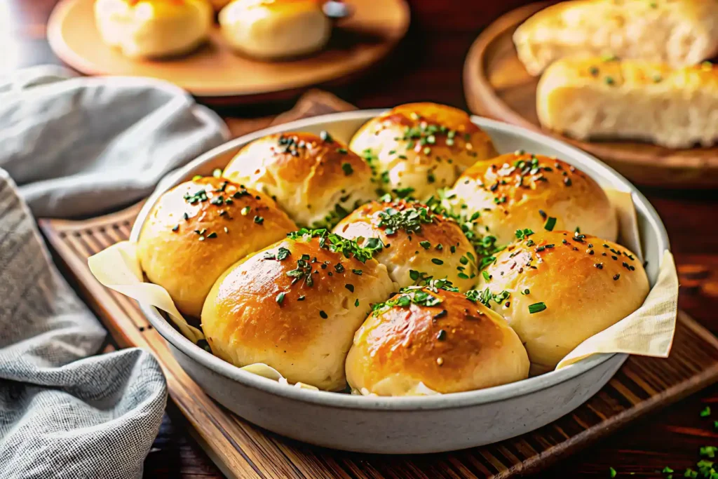 Golden garlic butter bread rolls brushed with garlic herb butter on a Thanksgiving table.