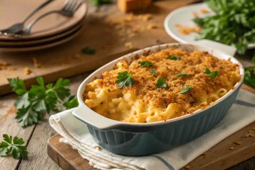 Thanksgiving mac and cheese casserole with golden breadcrumb topping and parsley in a serving bowl.