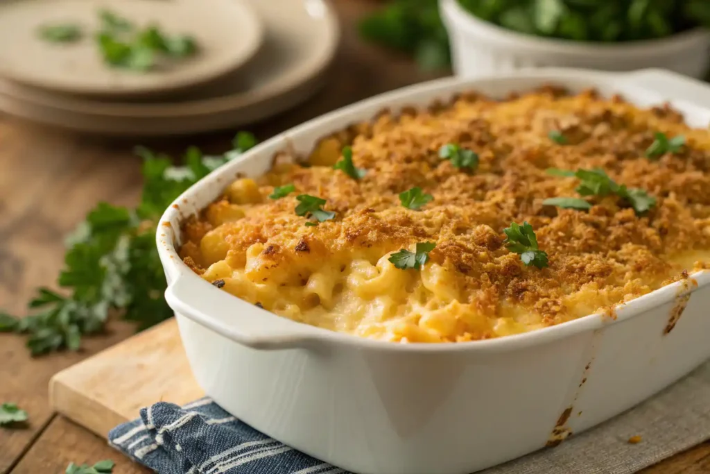 Thanksgiving mac and cheese casserole baked with cottage cheese and golden breadcrumbs.